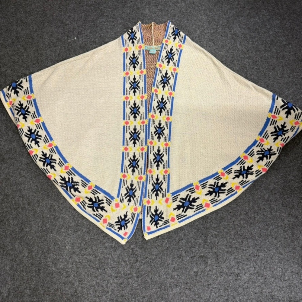 FLYING TOMATO Geometric Pattern Poncho Shawl Open Front Cream Blue Yellow S